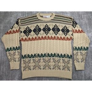 Vintage Checkpoint Mens Geometric Cable Knit Crew Neck Sweater Acrylic Large USA